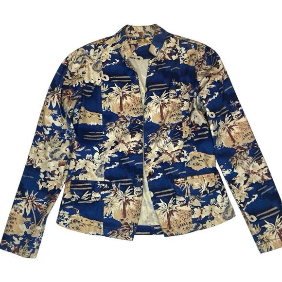 Tropical Cotton Blazer‎ Womens S Blue Lightweight Retro Coastal Resort Vacation - Picture 2 of 10